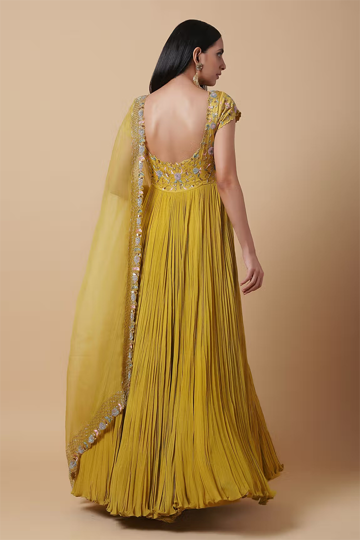 C009 Mustard pleated anarkali with dupatta