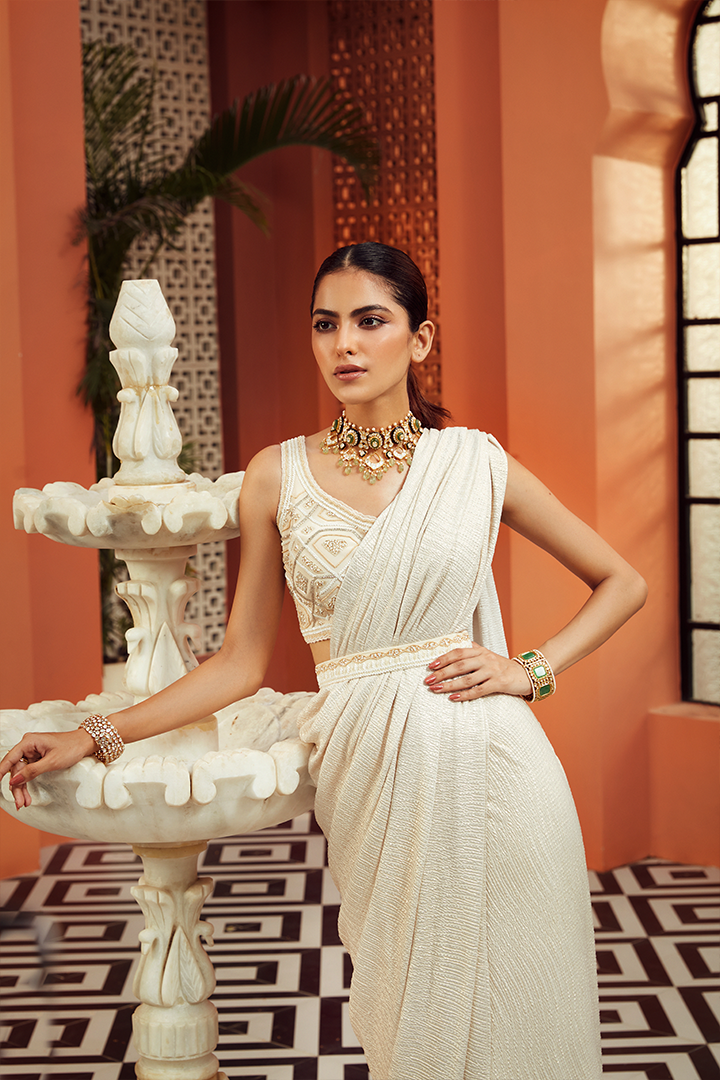 AB06 Ivory Gold Embroidered Pre Drape Saree