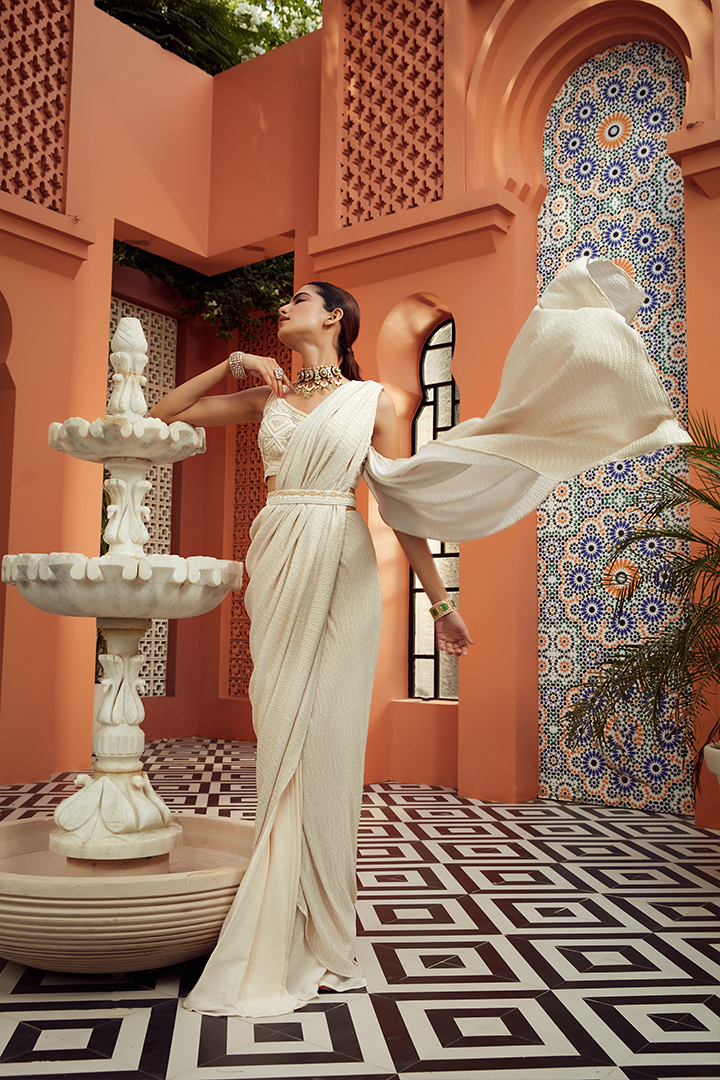 AB06 Ivory Gold Embroidered Pre Drape Saree