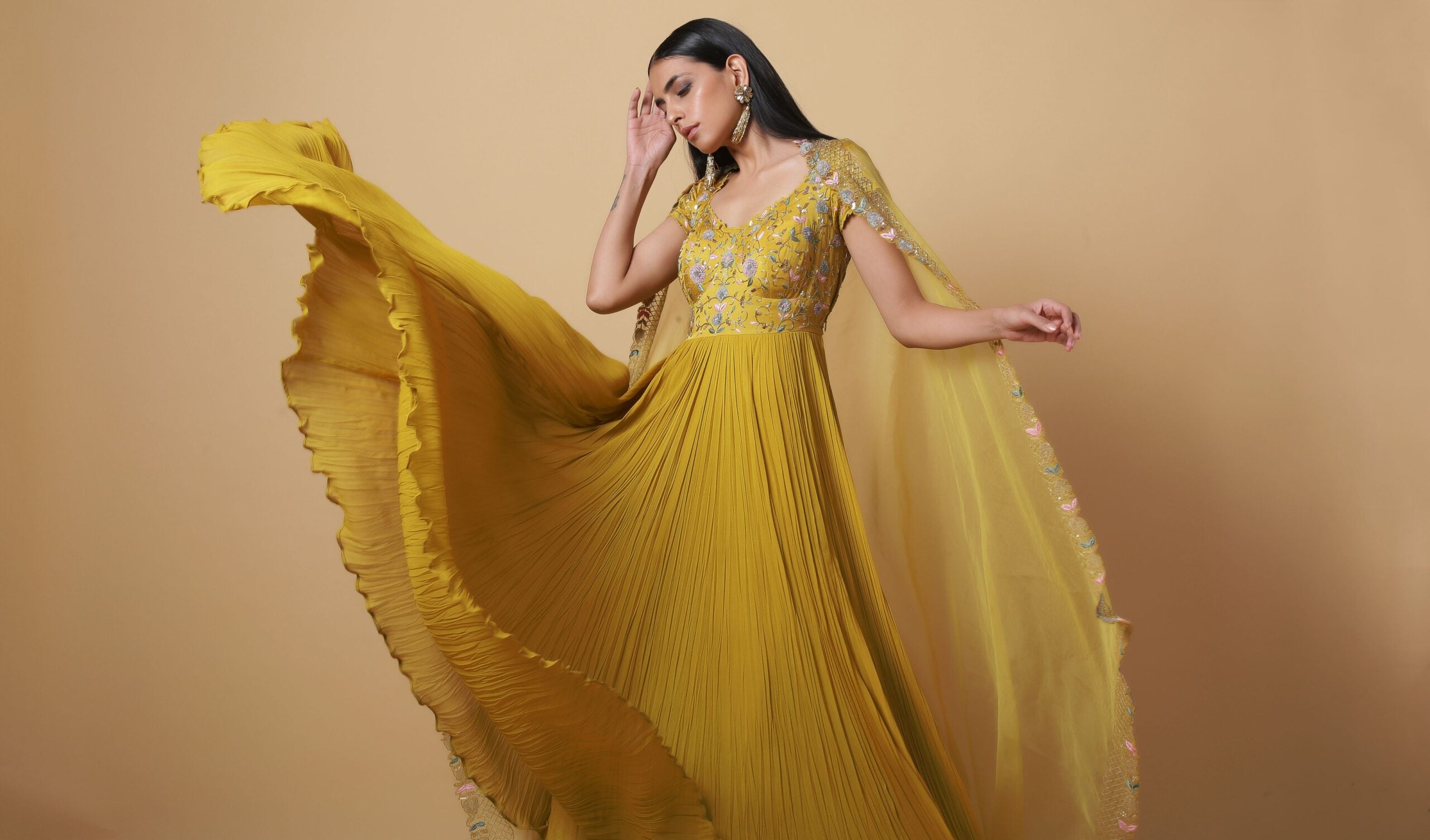 C009 Mustard pleated anarkali with dupatta
