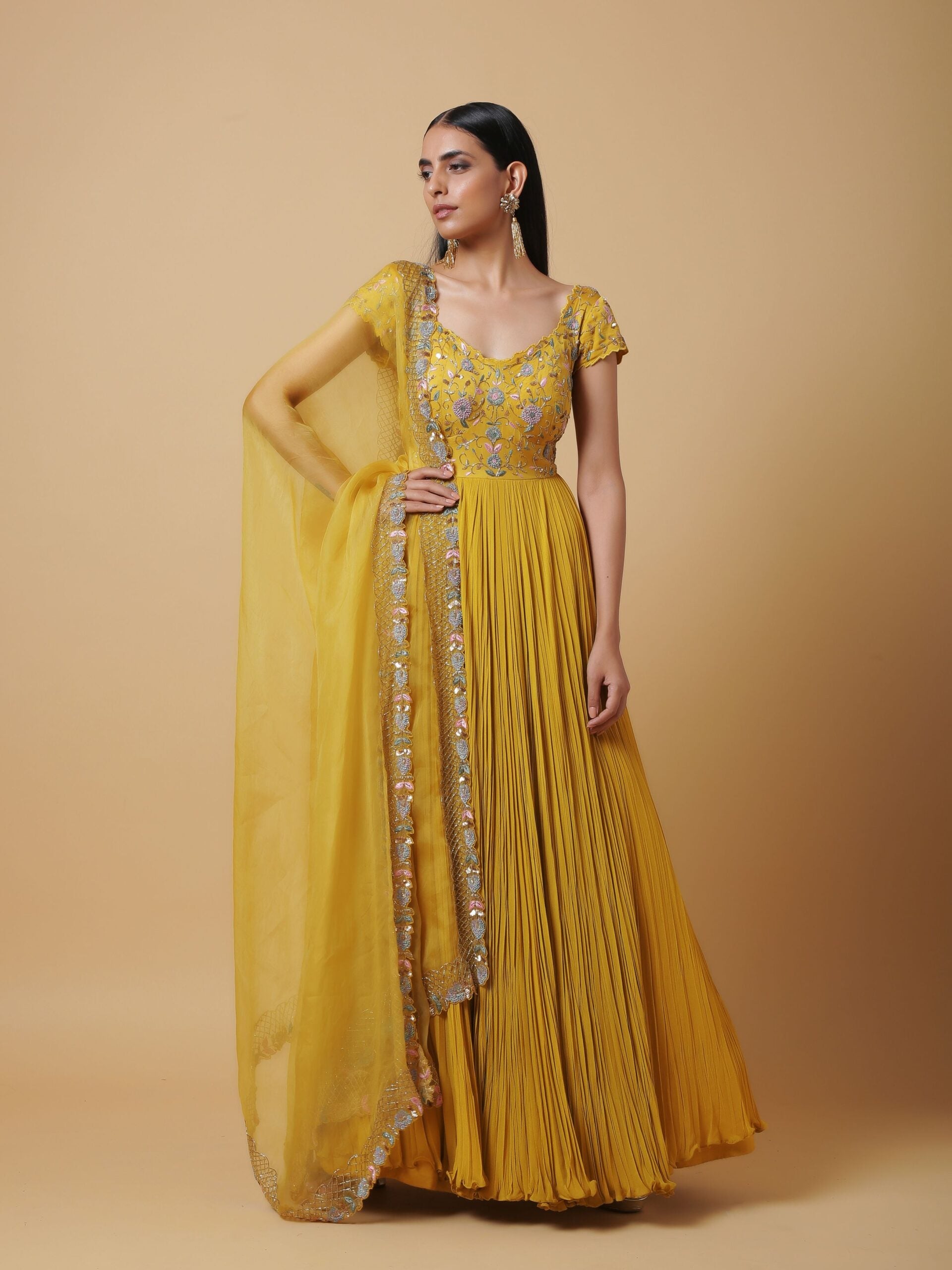 C009 Mustard pleated anarkali with dupatta
