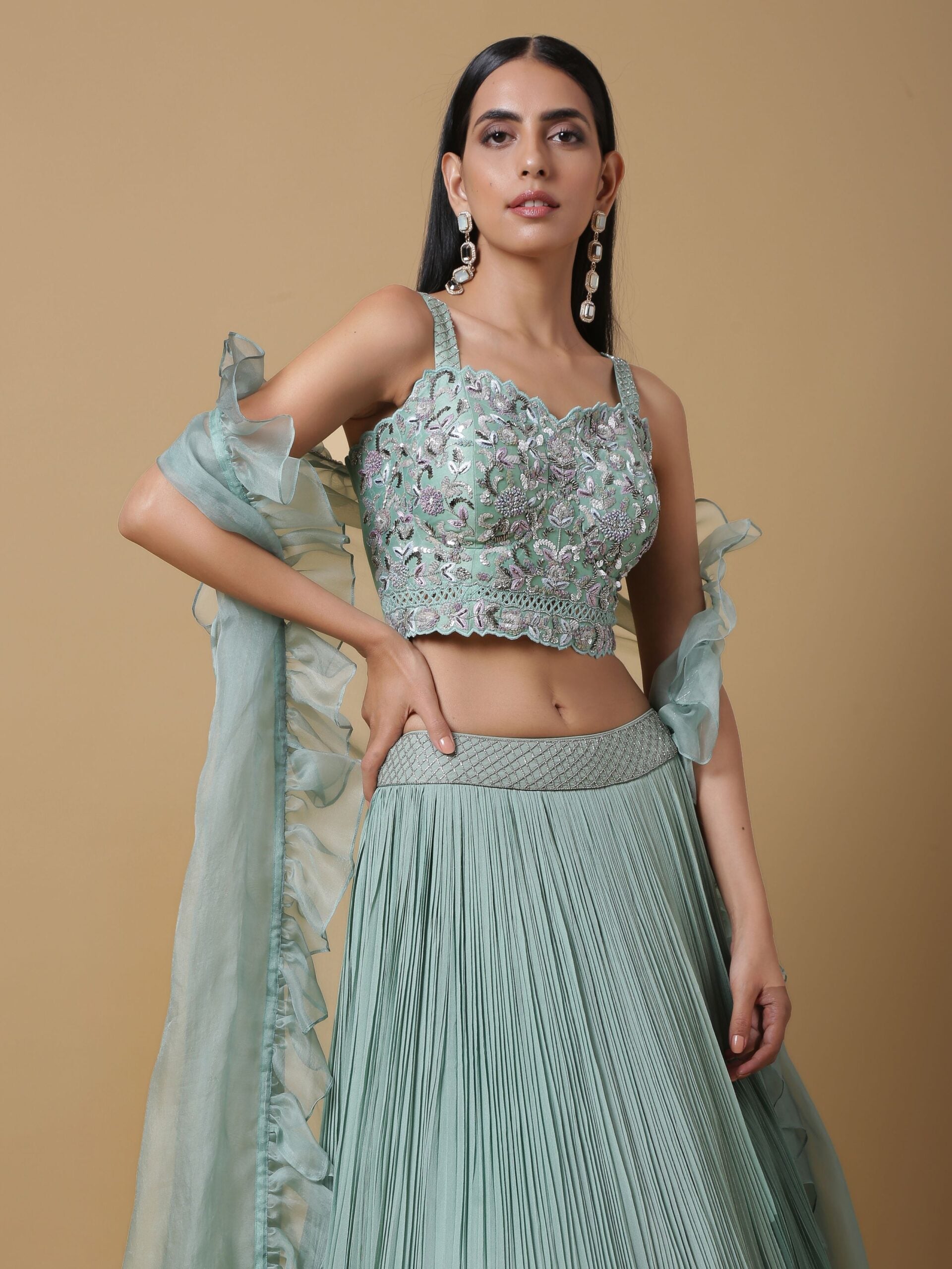C008 Pleated Lehenga with Ruffled Cape