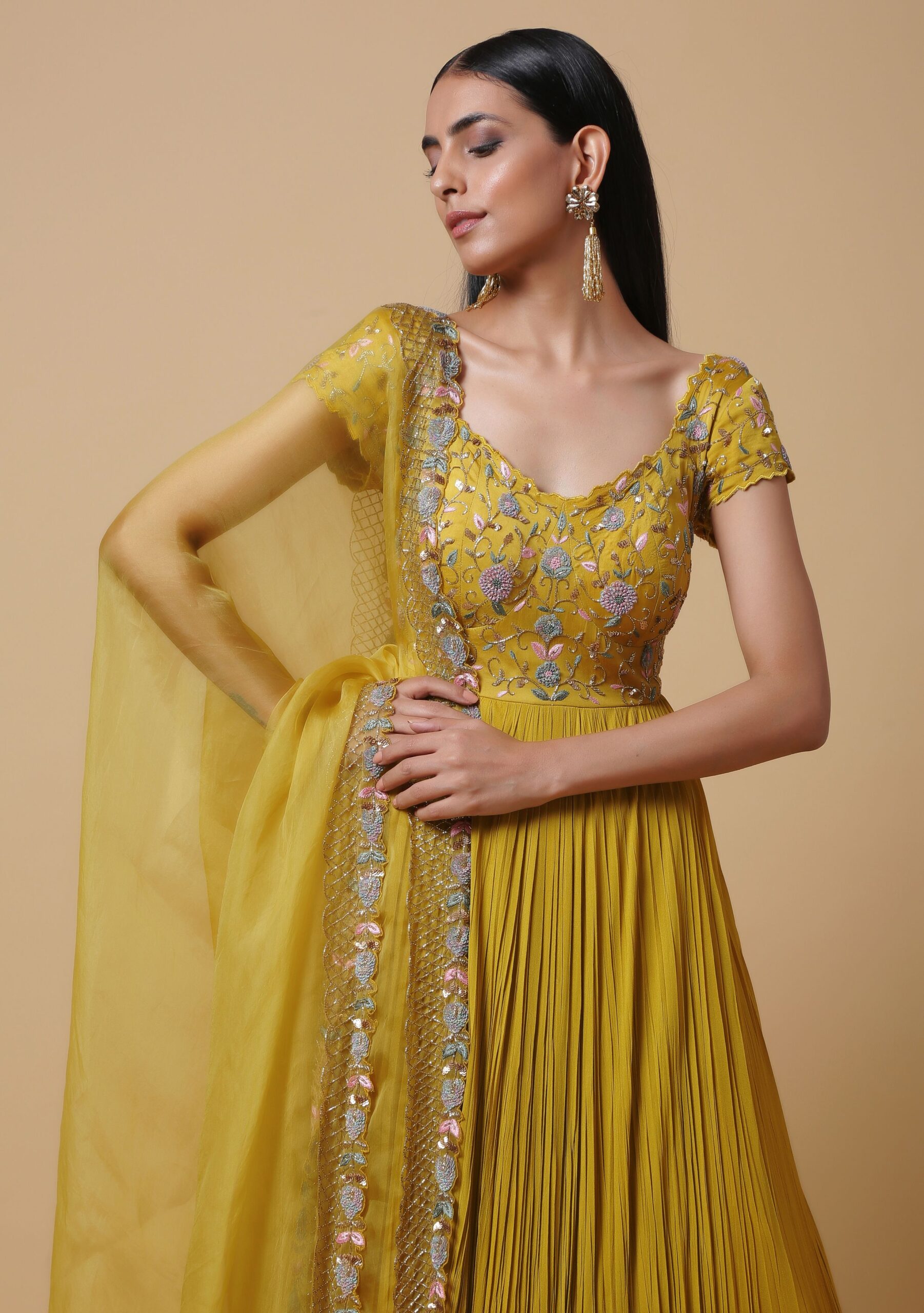 C009 Mustard pleated anarkali with dupatta