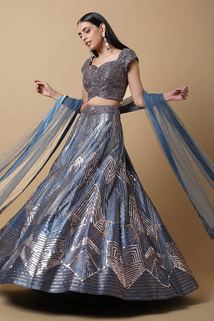 C006 Flashy Teal Blue Lehenga and Blouse Set