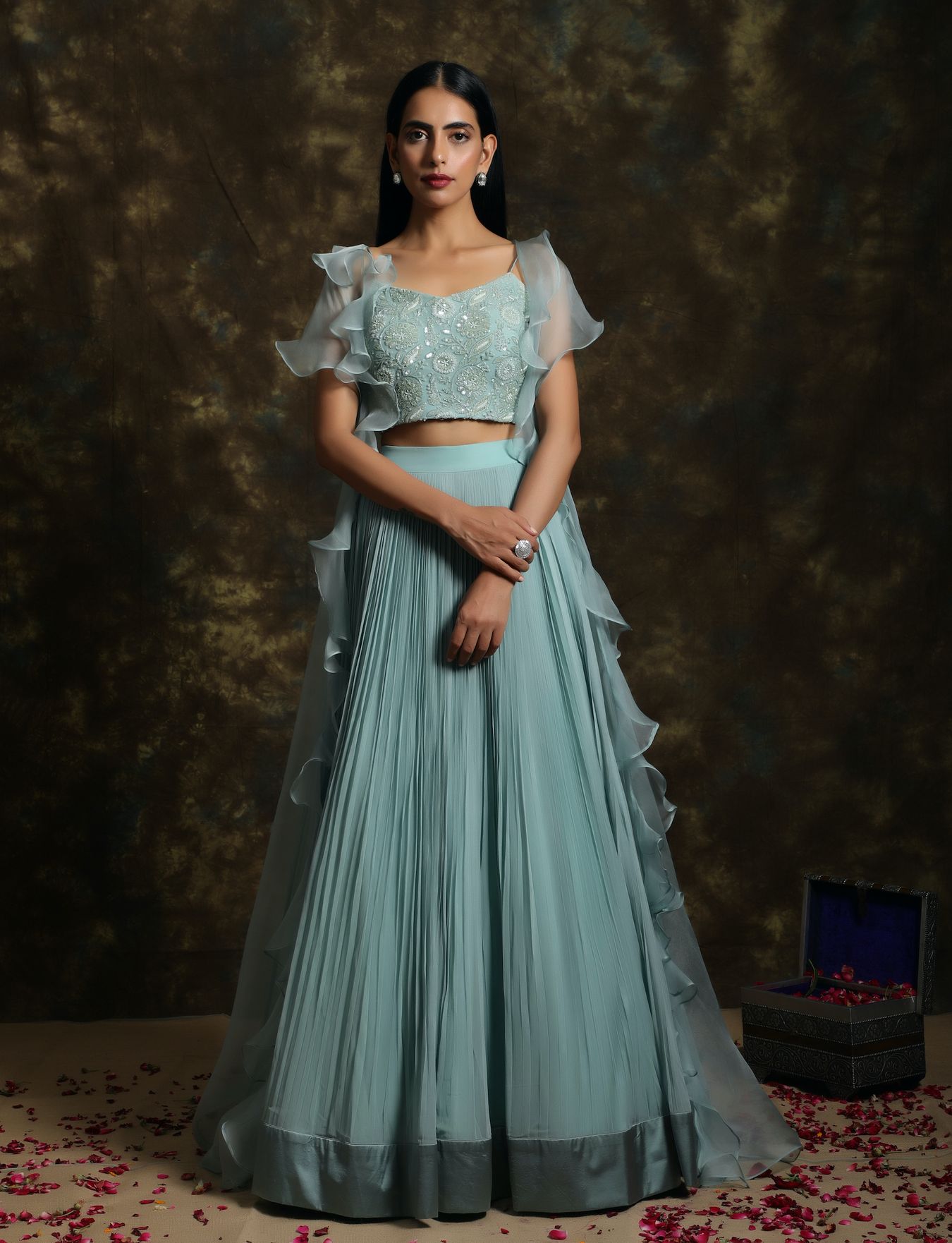 C020 Lehenga Blouse Set Paired with Ruffled Cape