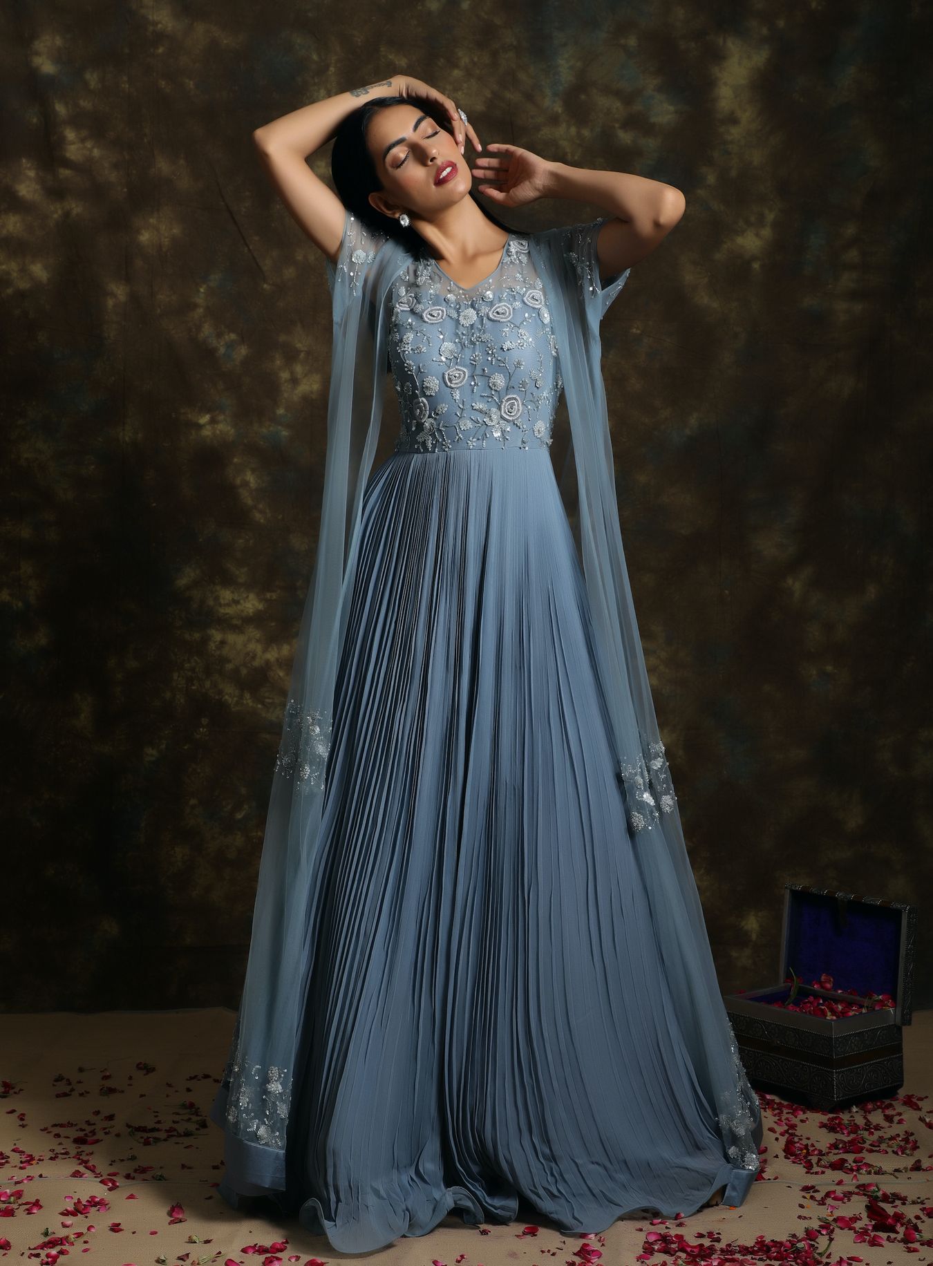 C015 Sage Blue Pleated Anarkali with Cape