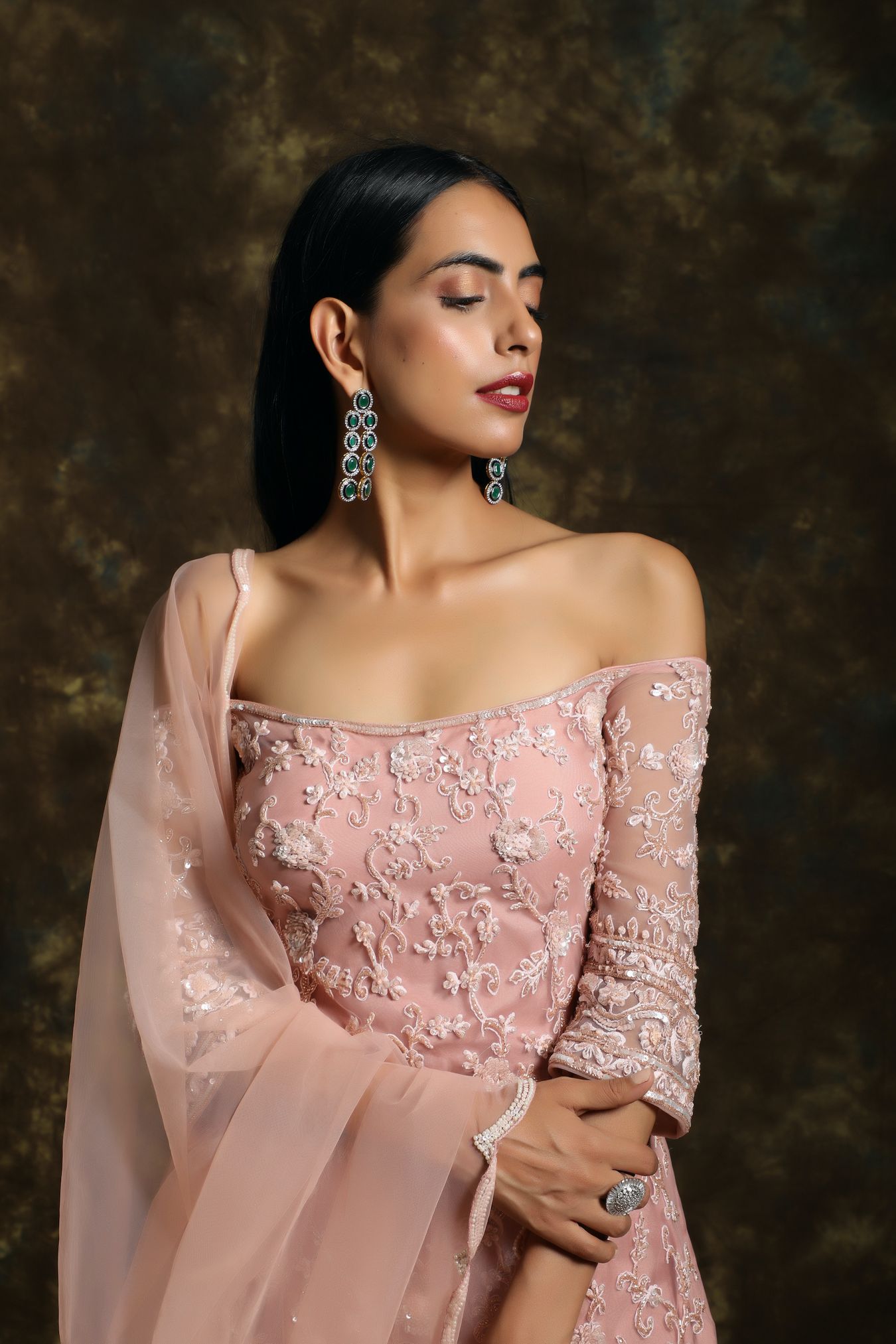 C019 Peach Pink off Shoulder Kurta and Sharara Set