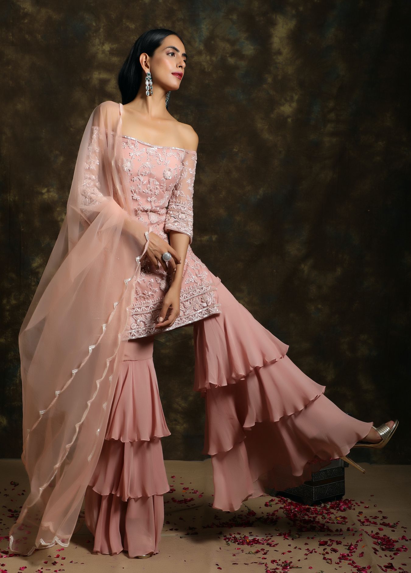 C019 Peach Pink off Shoulder Kurta and Sharara Set