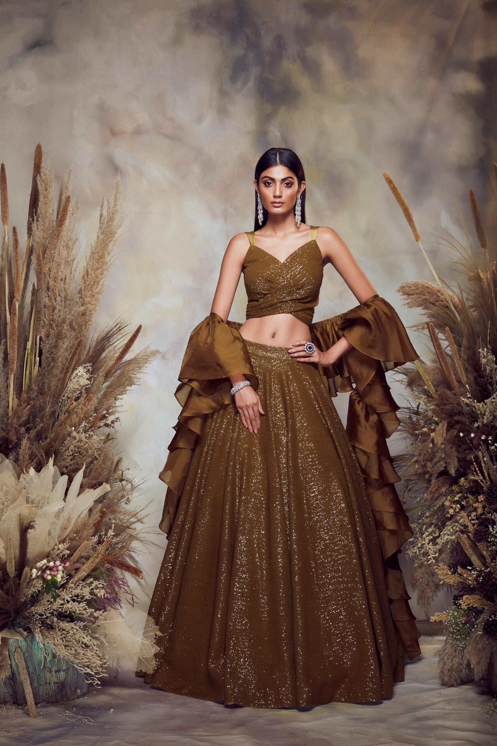 BB11 Olive green cocktail lehenga set