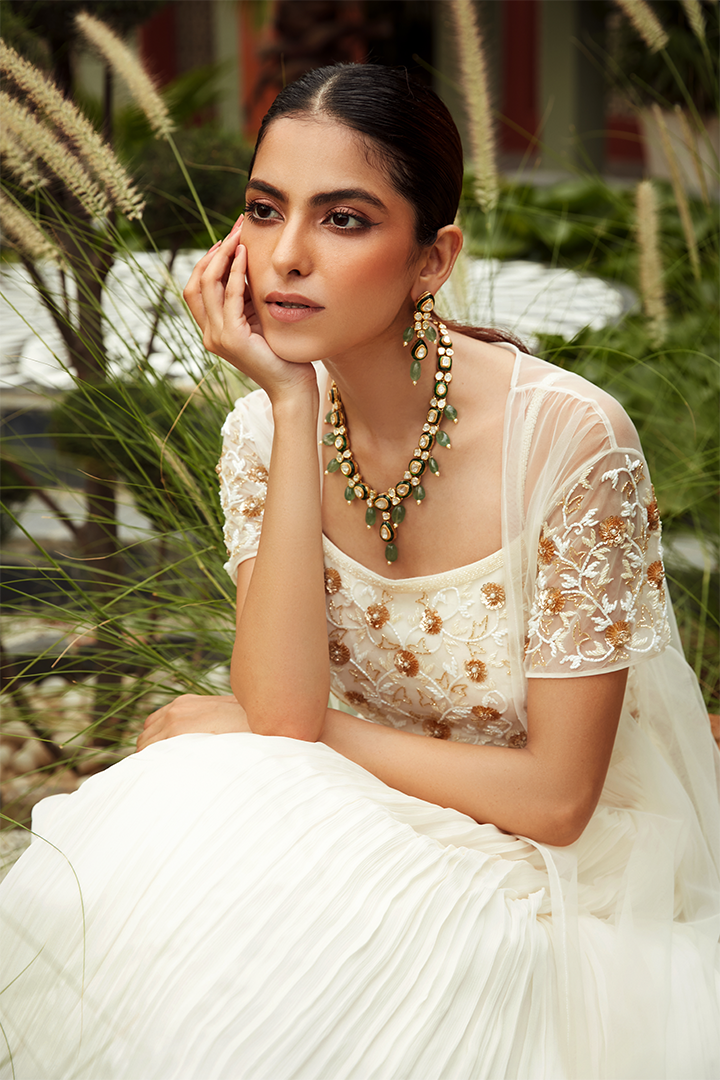 AB01 Ivory Gold Pleated Anarkali with Embroidered Cape