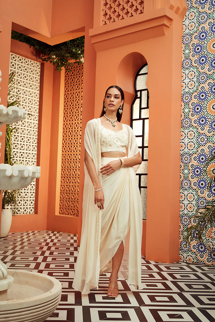 AB05 Ivory Gold Embroidered Blouse and Cape with Drape Skirt