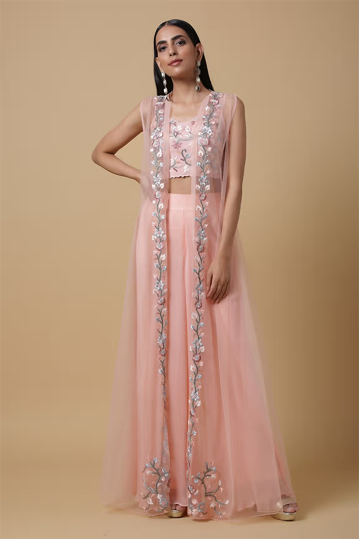 C010 Salmon Pink Blouse and Palazzo Set with Cape