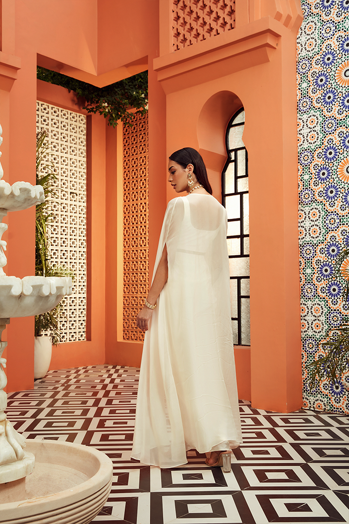 AB05 Ivory Gold Embroidered Blouse and Cape with Drape Skirt