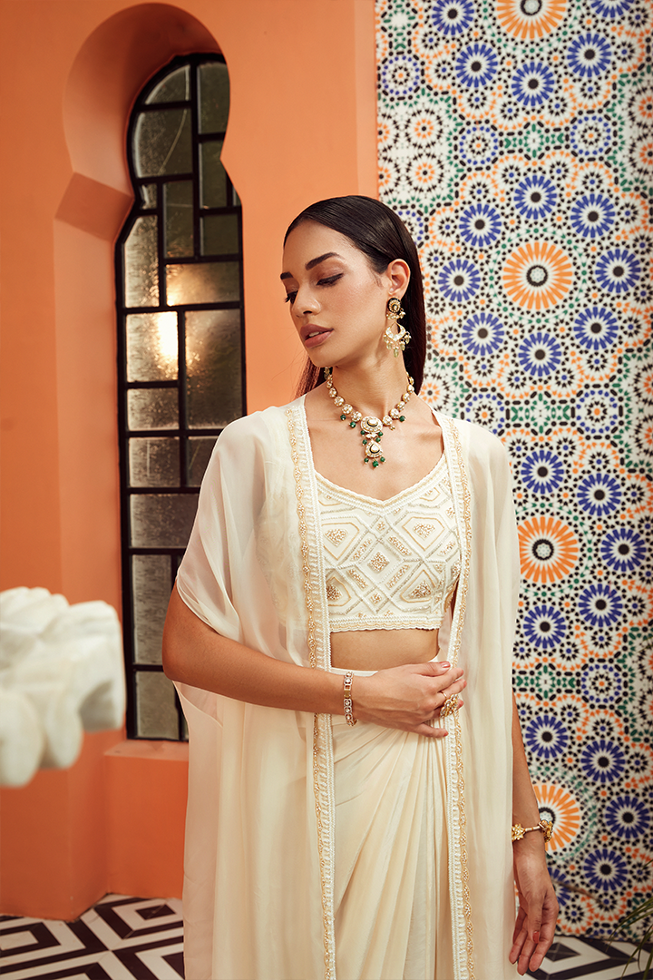 AB05 Ivory Gold Embroidered Blouse and Cape with Drape Skirt
