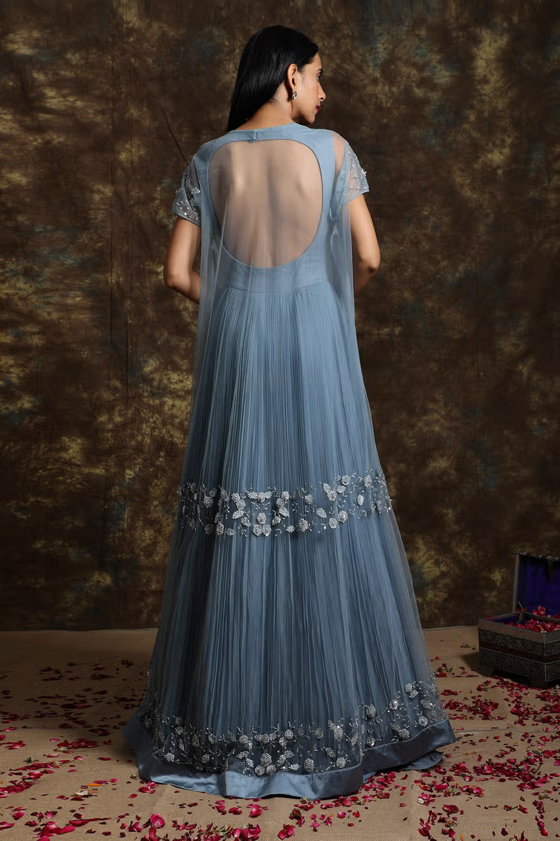 C015 Sage Blue Pleated Anarkali with Cape