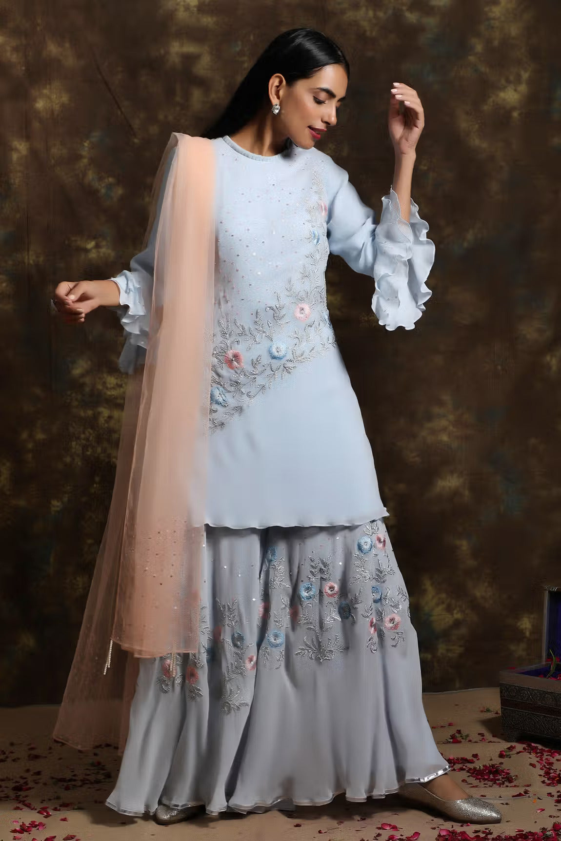 C023 Flayered Powder Blue Sharara and Kurta Set