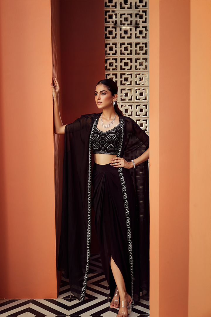 AB09 Black and ivory embroidered Blouse and cape with Drape skirt