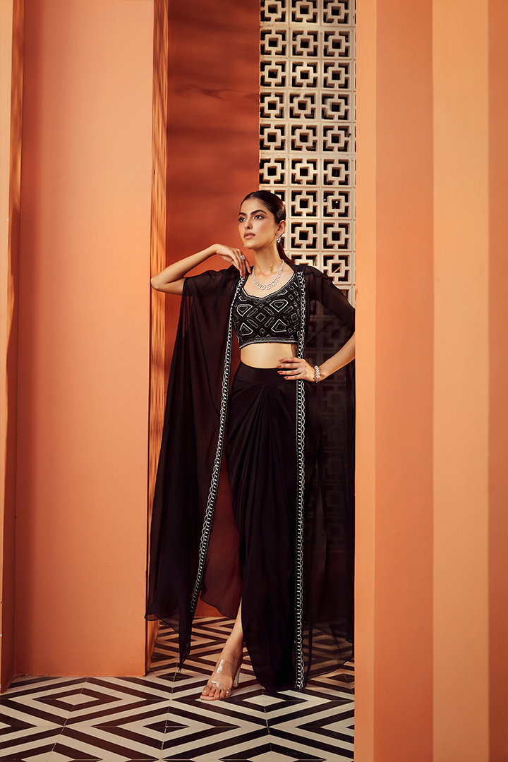 AB09 Black and ivory embroidered Blouse and cape with Drape skirt