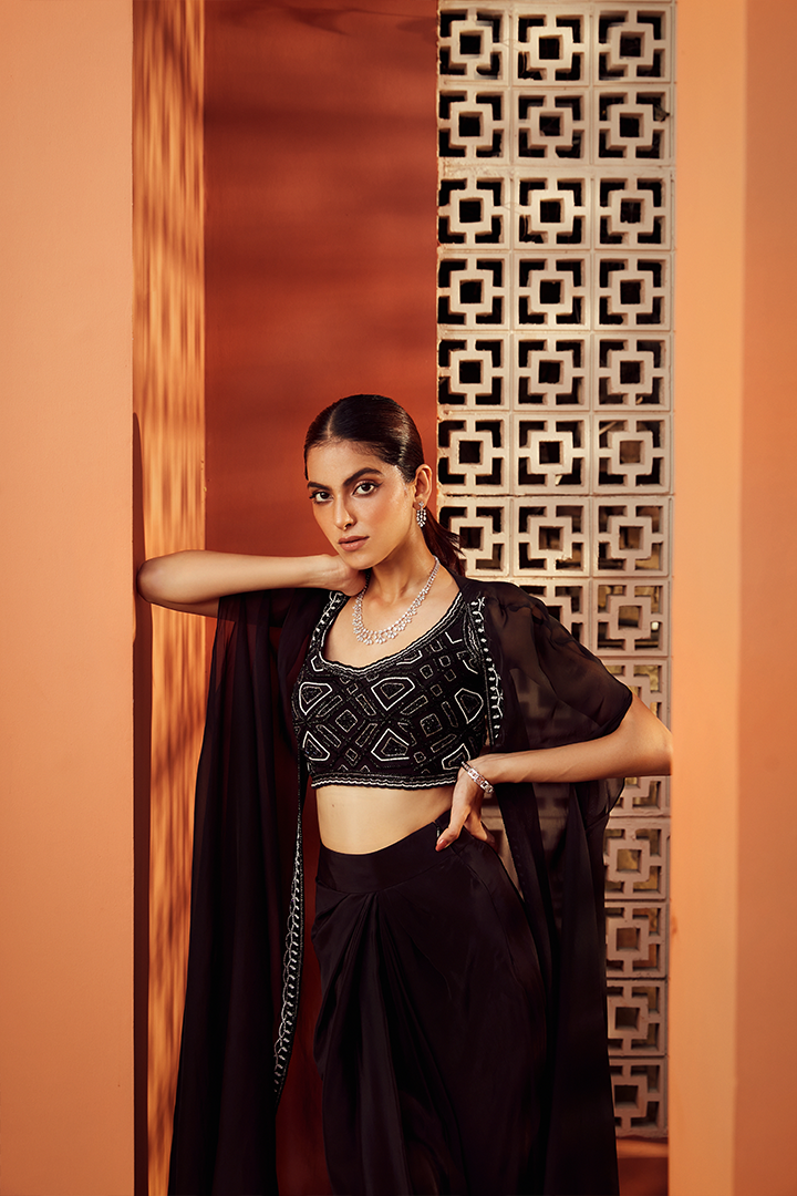 AB09 Black and ivory embroidered Blouse and cape with Drape skirt