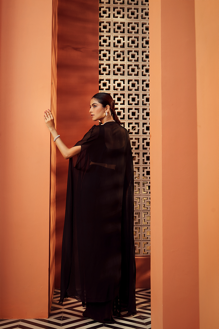 AB09 Black and ivory embroidered Blouse and cape with Drape skirt