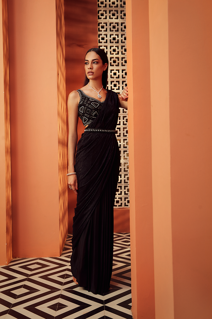 AB04 Black and Silver Embroidered Pre Drape Saree