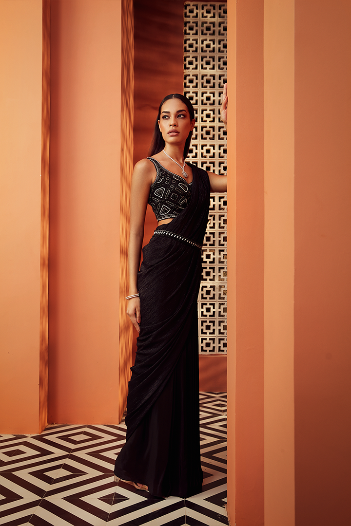 AB04 Black and Silver Embroidered Pre Drape Saree