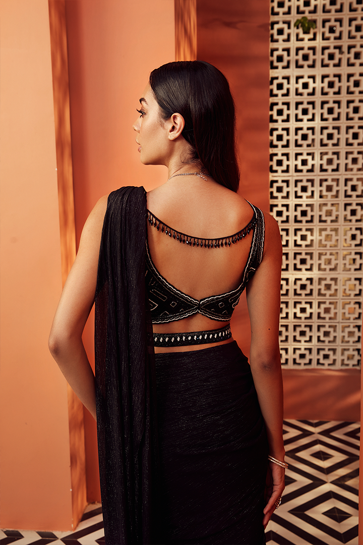 AB04 Black and Silver Embroidered Pre Drape Saree