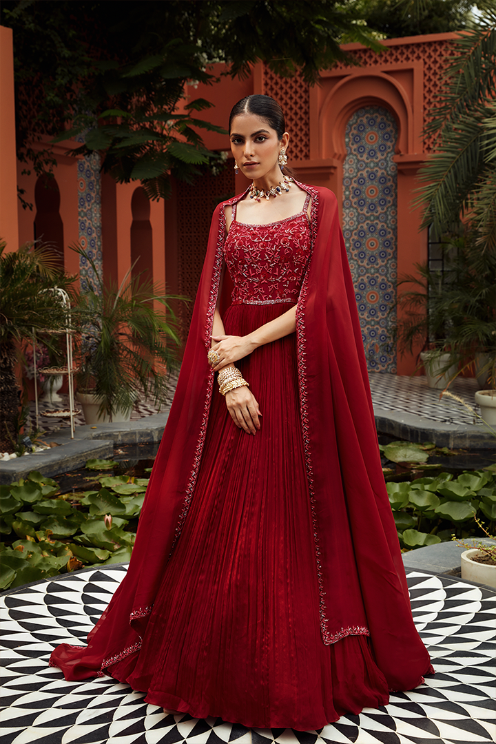 AB03 Scarlet Red Embroidered Pleated Anarkali Set