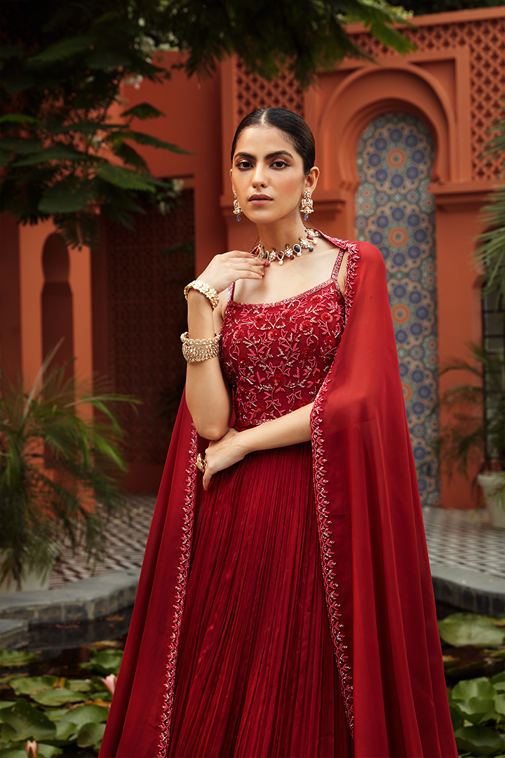 AB03 Scarlet Red Embroidered Pleated Anarkali Set