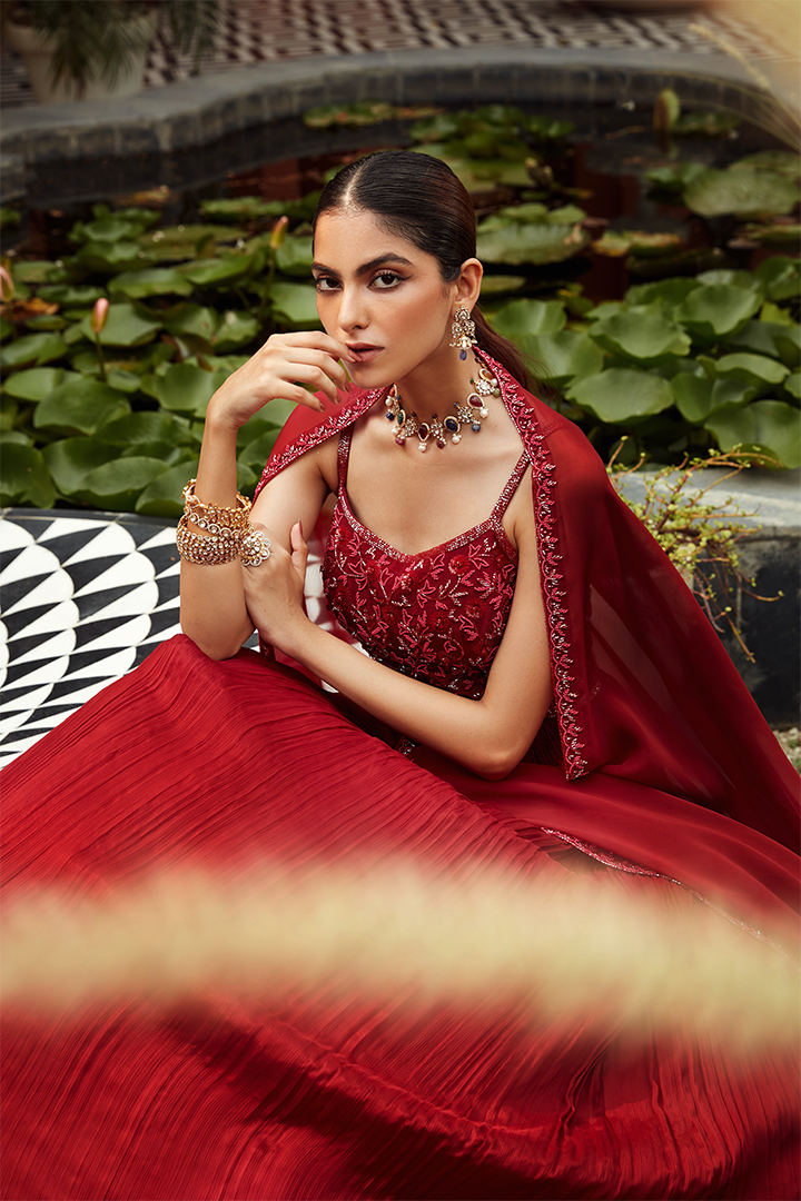 AB03 Scarlet Red Embroidered Pleated Anarkali Set