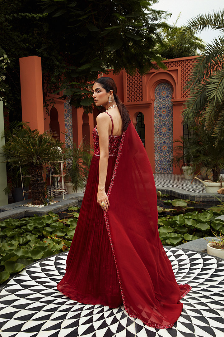 AB03 Scarlet Red Embroidered Pleated Anarkali Set