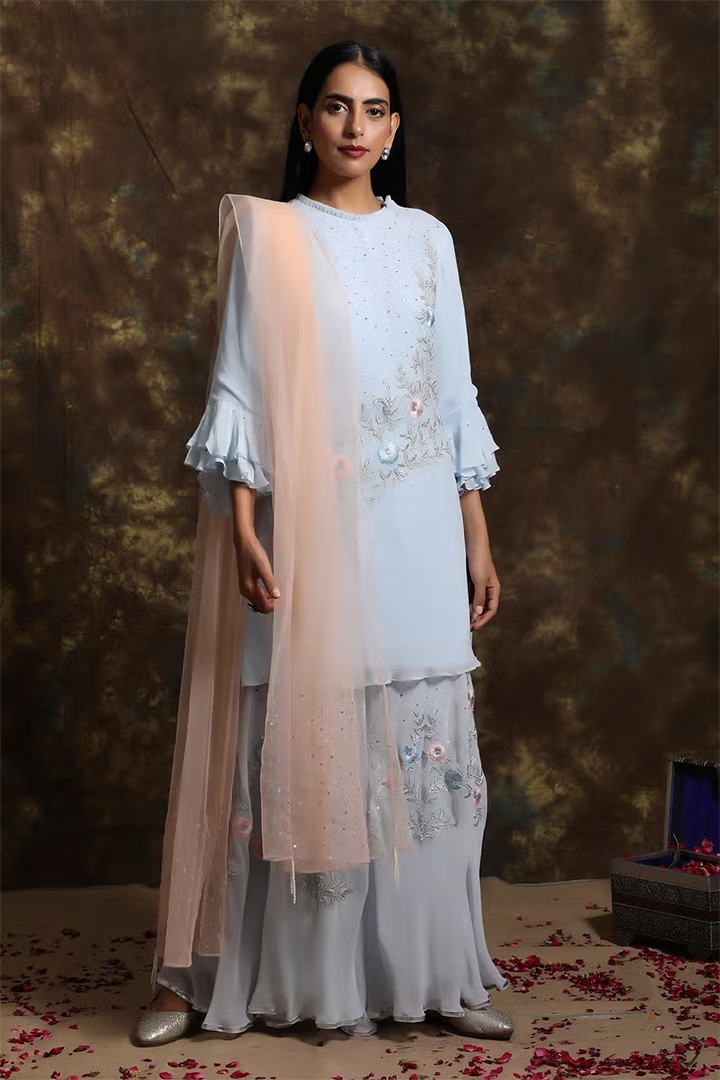 C023 Flayered Powder Blue Sharara and Kurta Set