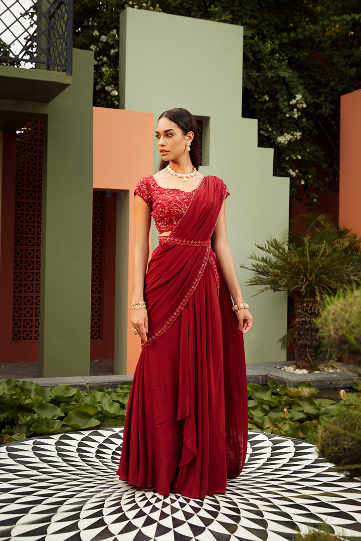 AB02 Scarlet Red Embroidered Pre Drape Saree