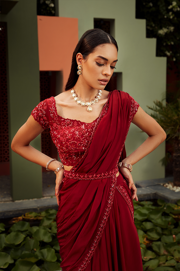 AB02 Scarlet Red Embroidered Pre Drape Saree