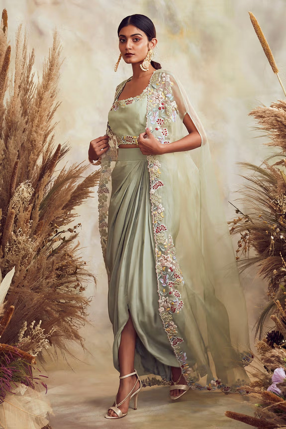BB03 Sage Green Drape skirt cape set