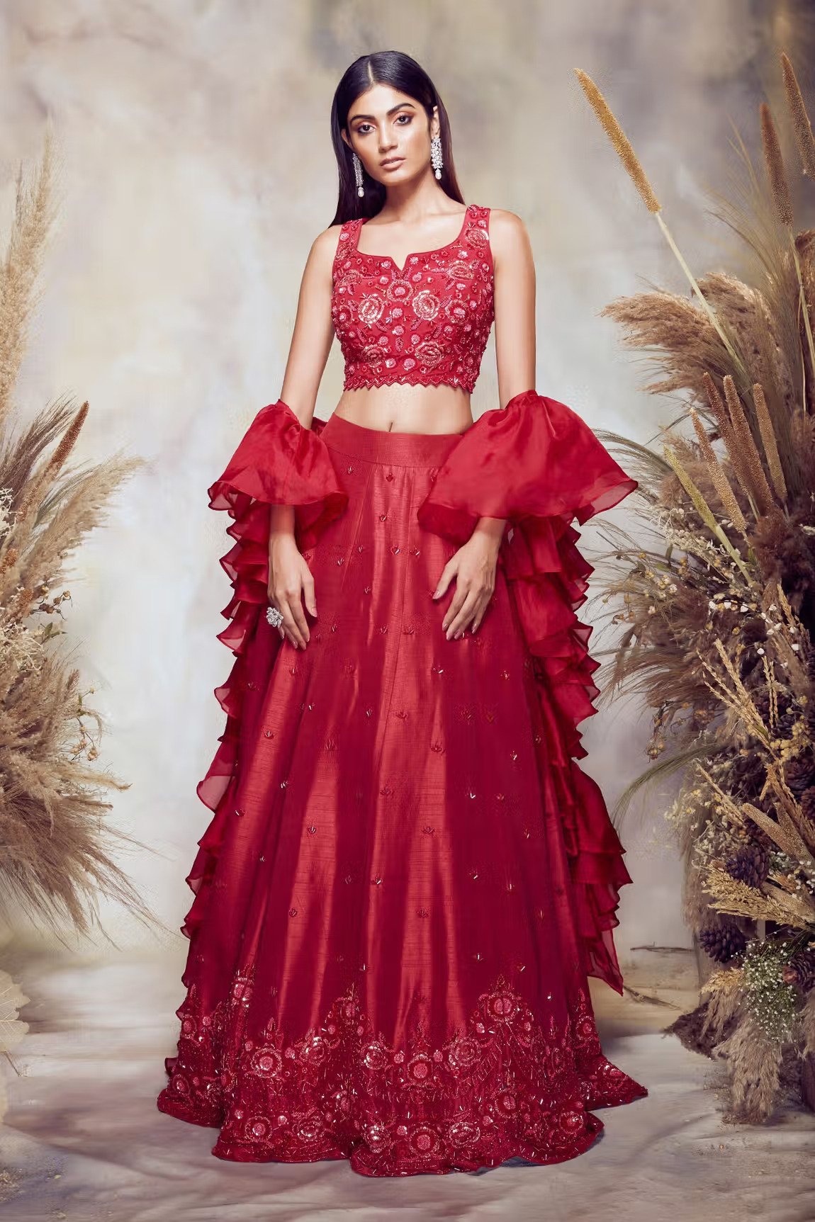 BB08 Scarlet Red Scalloped Lehenga Set