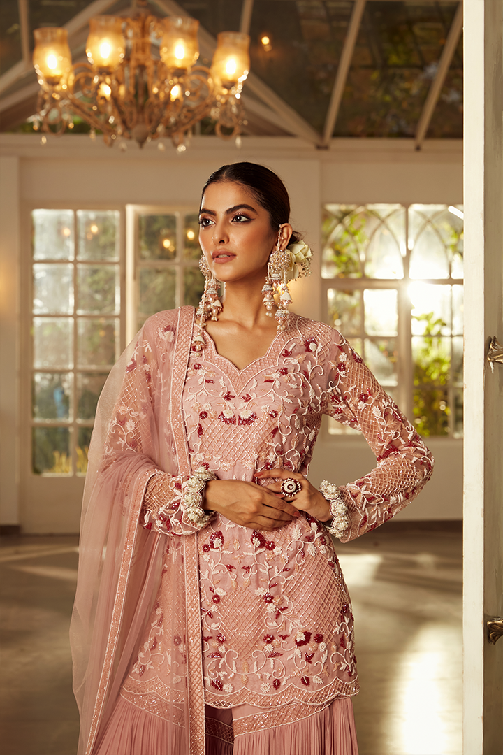 AA02 Rose Pink Embroidered Gharara set