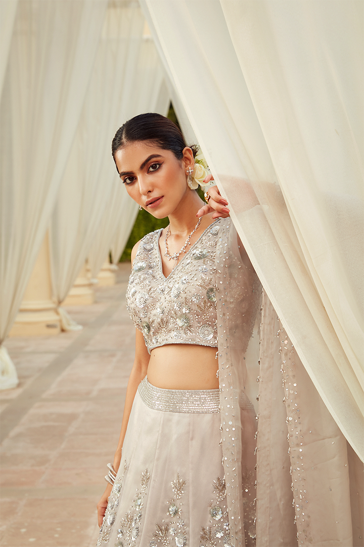AA03 Silver Grey Floral Embroidered Lehenga Set