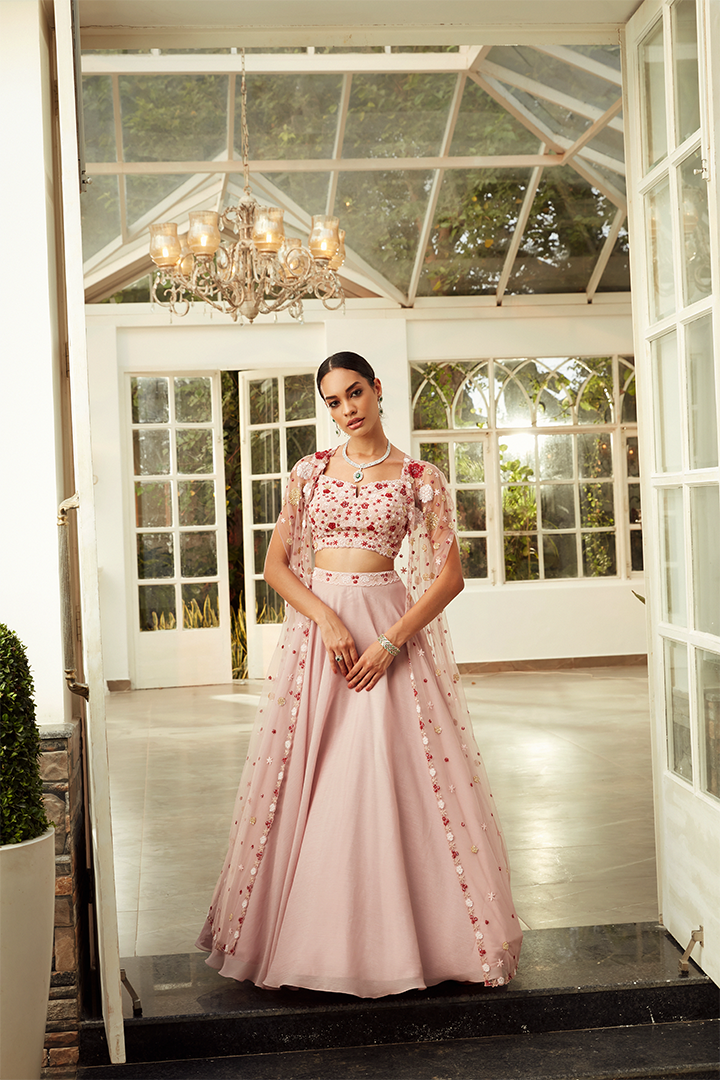 AA07 Rose Pink Floral Embroidered Cape Lehenga Set