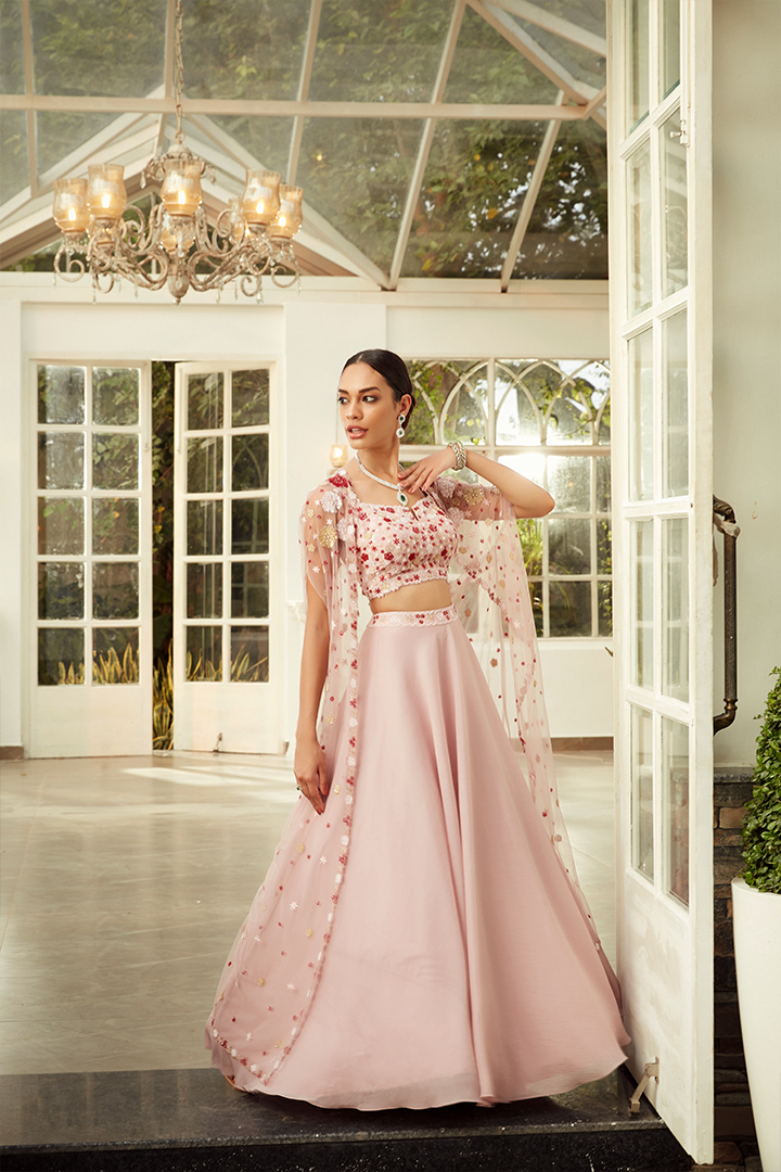 AA07 Rose Pink Floral Embroidered Cape Lehenga Set