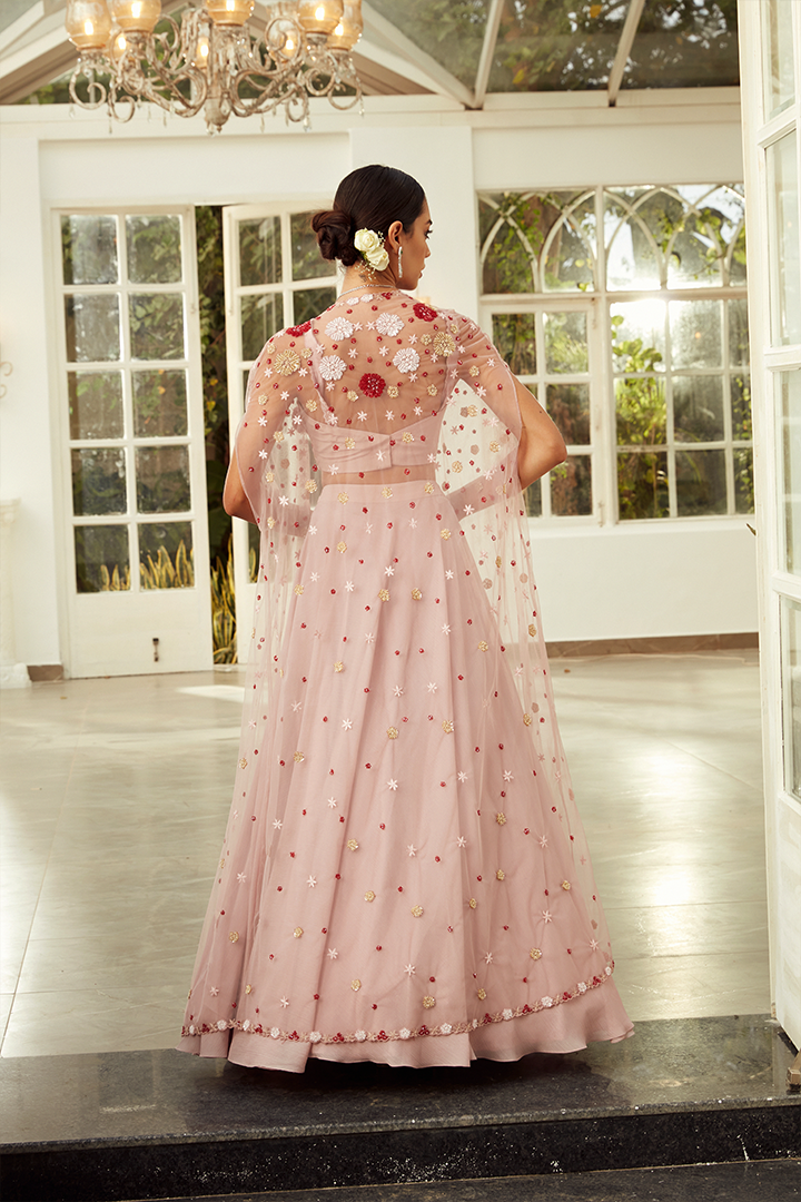 AA07 Rose Pink Floral Embroidered Cape Lehenga Set