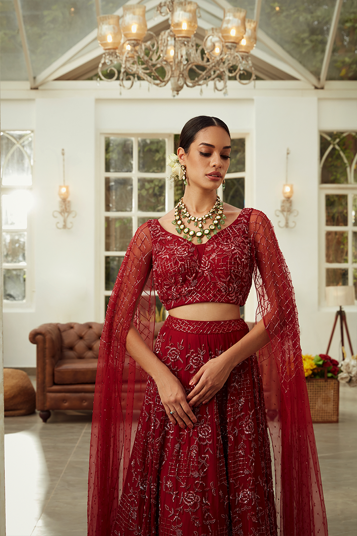 AA08 Ruby Red Floral Embroidered Lehenga Set