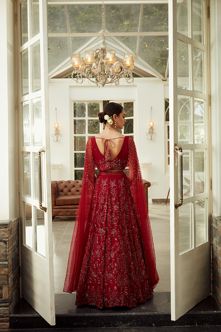 AA08 Ruby Red Floral Embroidered Lehenga Set