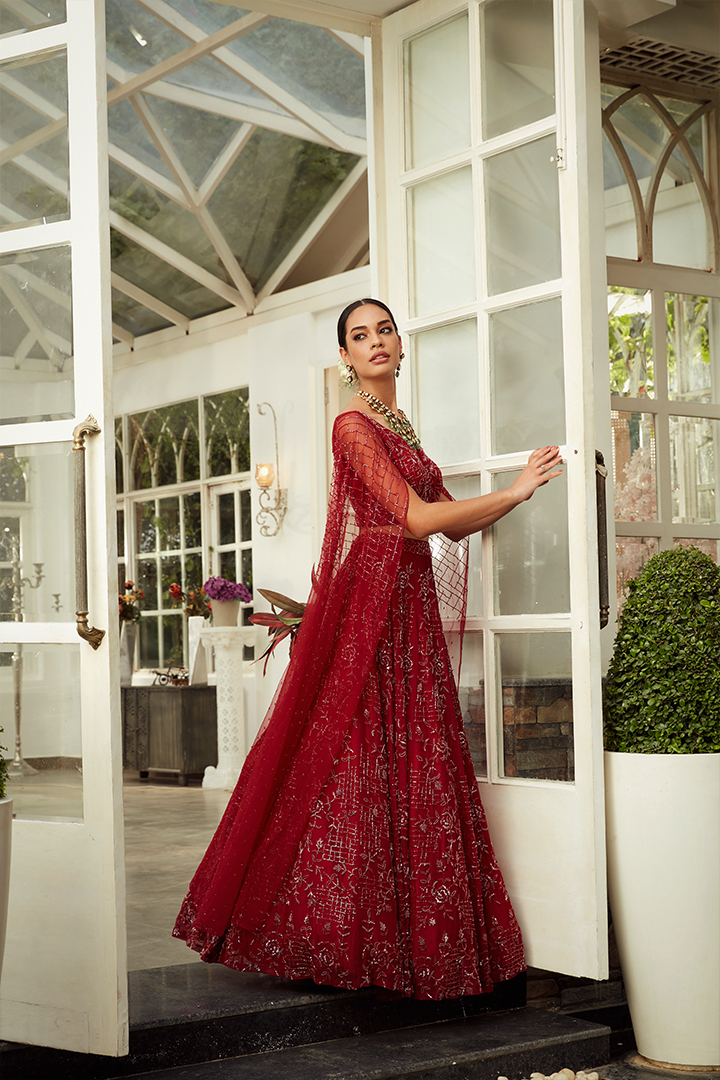 AA08 Ruby Red Floral Embroidered Lehenga Set