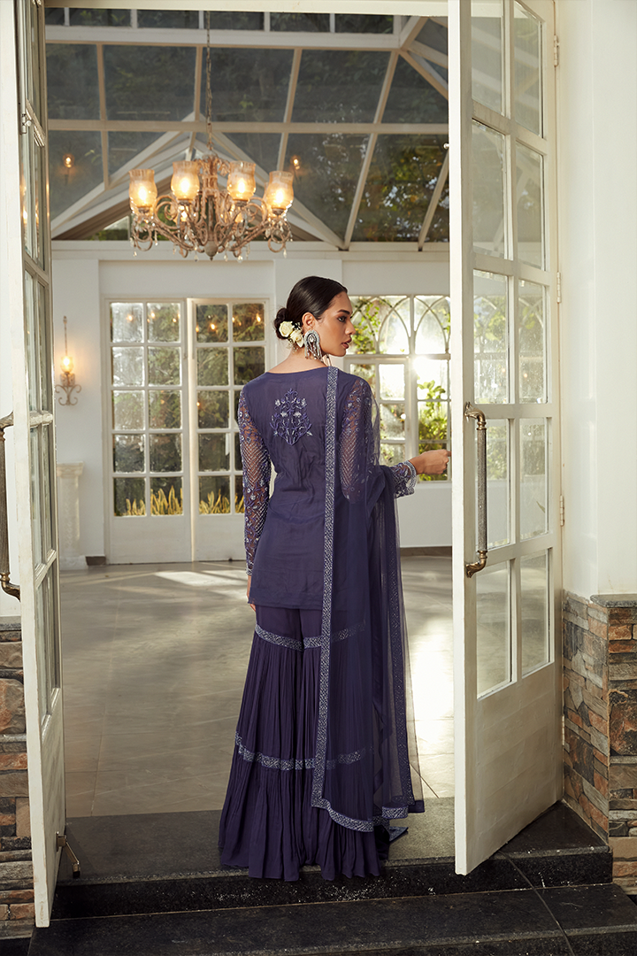 AA01 Midnight Sapphire Blue Embroidered Gharara set