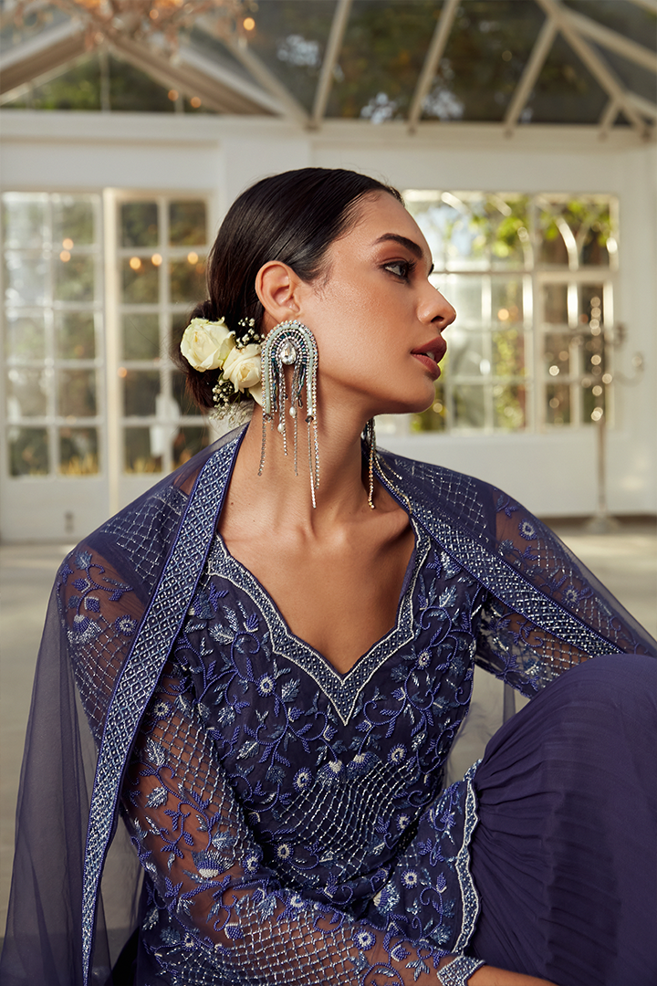 AA01 Midnight Sapphire Blue Embroidered Gharara set