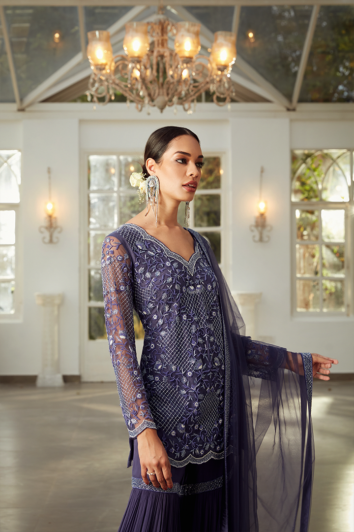AA01 Midnight Sapphire Blue Embroidered Gharara set