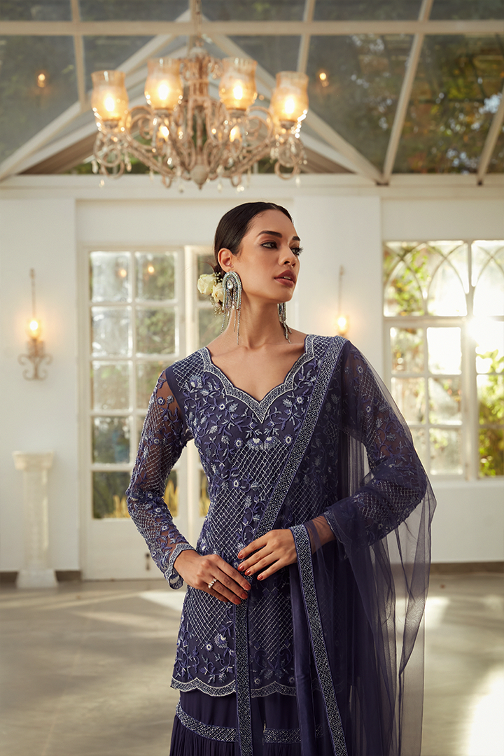 AA01 Midnight Sapphire Blue Embroidered Gharara set