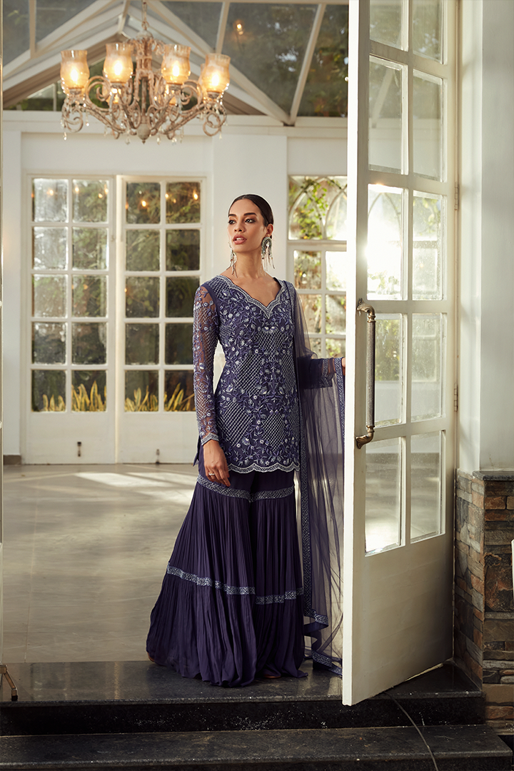 AA01 Midnight Sapphire Blue Embroidered Gharara set