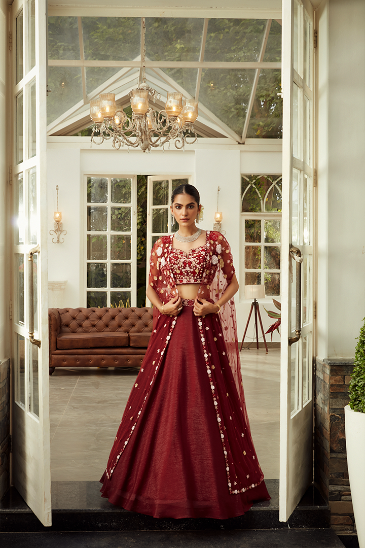 AA09 Mahogany Red Floral Embroidered Cape Lehenga Set